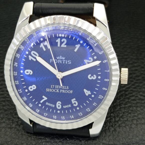 Vintage 1979 Fortis Manual Mens Silver Watch W/Leather Strap & Blue accents - Picture 3 of 9